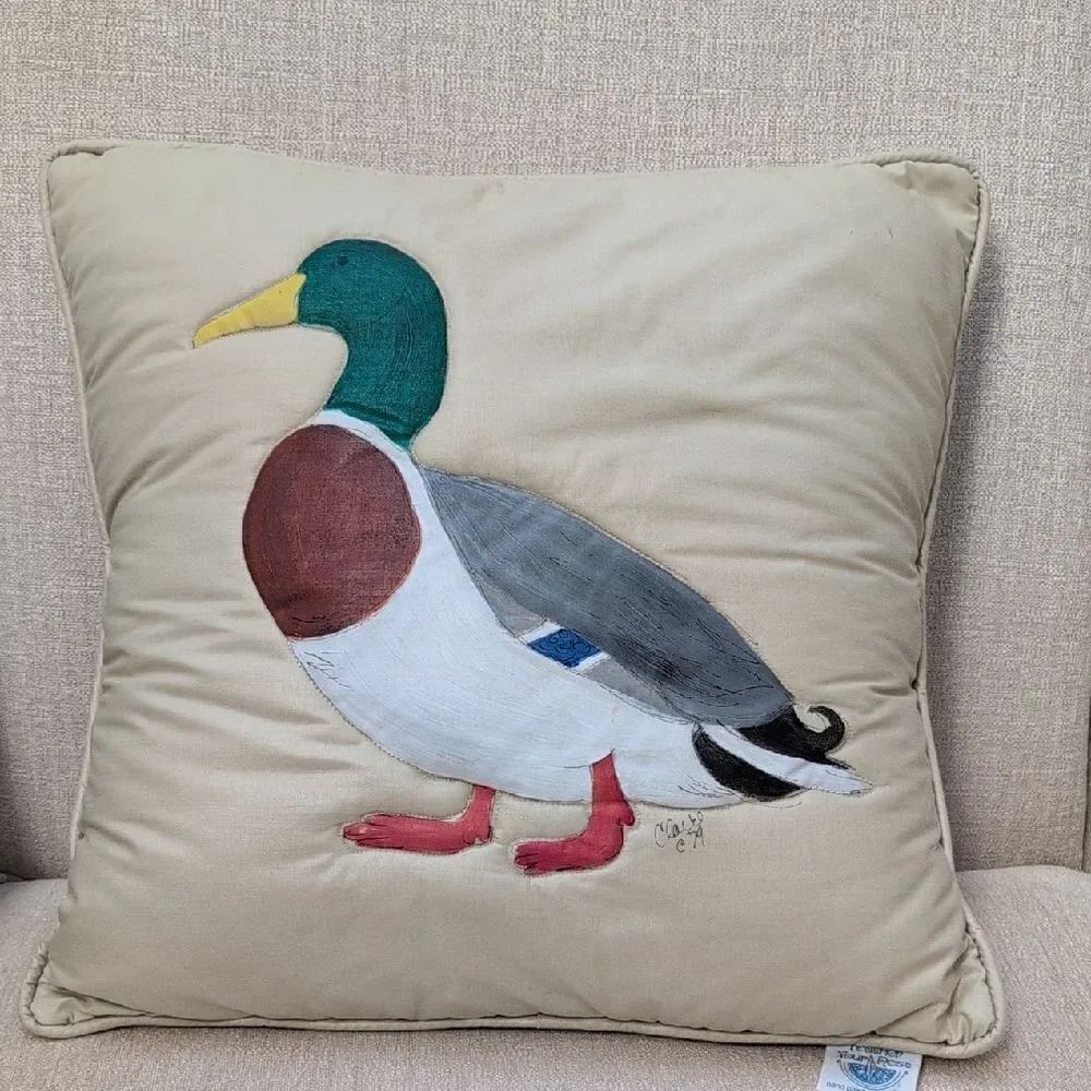 Vintage Hand Painted Mallard Duck Throw Pillow by Feather Your Nest